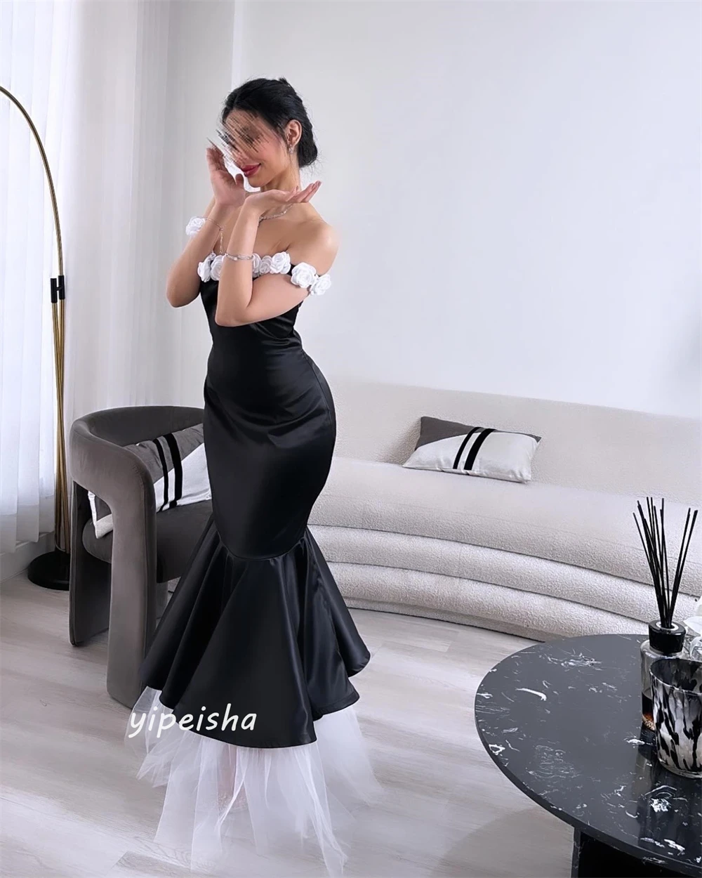 Prom Dress Satin Flower Draped Pleat Birthday Mermaid Off-the-shoulder Bespoke Occasion Gown Long Dresses Evening Saudi Arabia