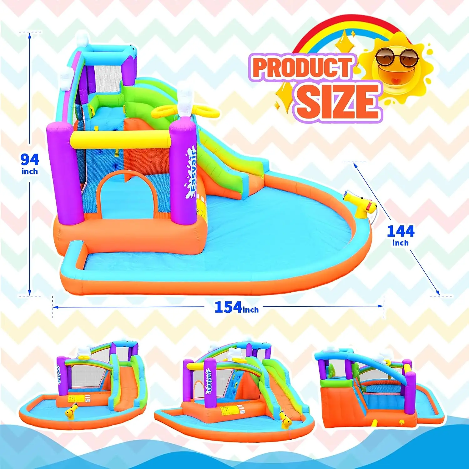 Inflatable Bounce House for Kids, 12.8 FT x 12 FT Water Slide Bouncy Castle, Rainbow Cloud Splash Pool, Jumper, Climbing Wall, 2 view 2