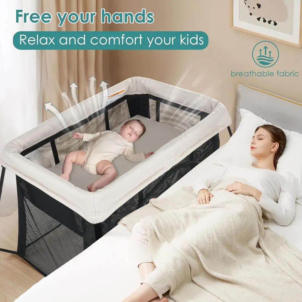 2-in-1 Portable Baby Playpen with Bassinet, Lightweight Foldable Playard for Travel, Creamy Mesh & Zipper Door Playard