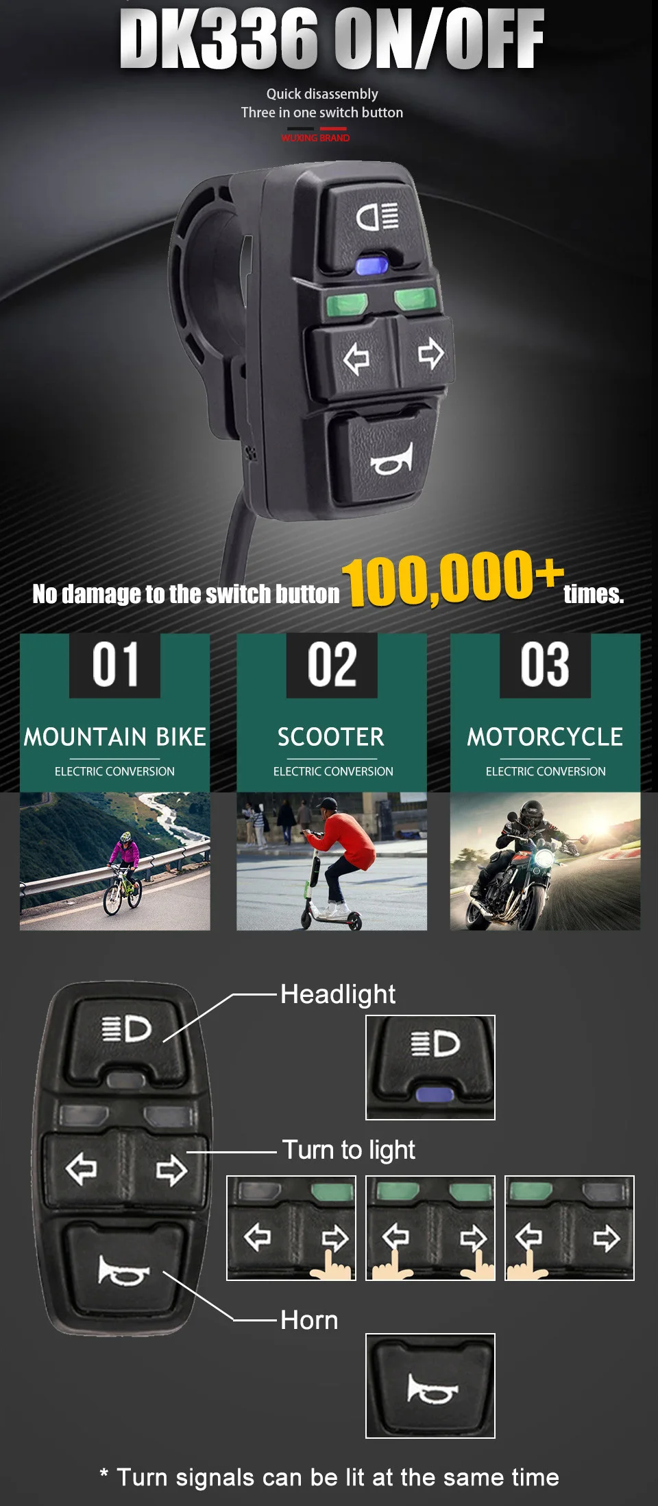 Elektrische Fahrrad Roller Licht Schalter Ebike Lampe und Hupe Schalter für Motorrad Taste Kann Blinker Licht 36V/48V DK336 – Detail 1