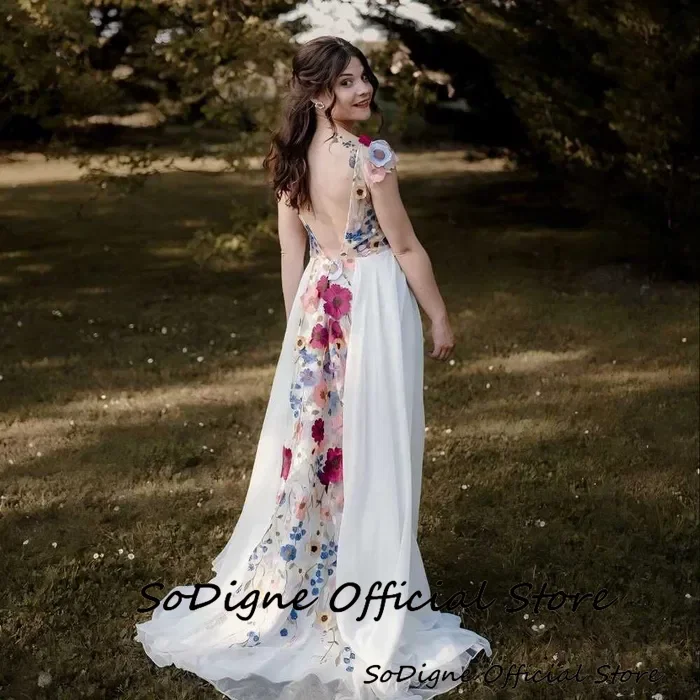 SoDigne A-linie Stickerei Hochzeit Kleid V-ausschnitt Ärmellose Braut Kleider Strand Backless Brautkleider vestidos de novia Angepasst