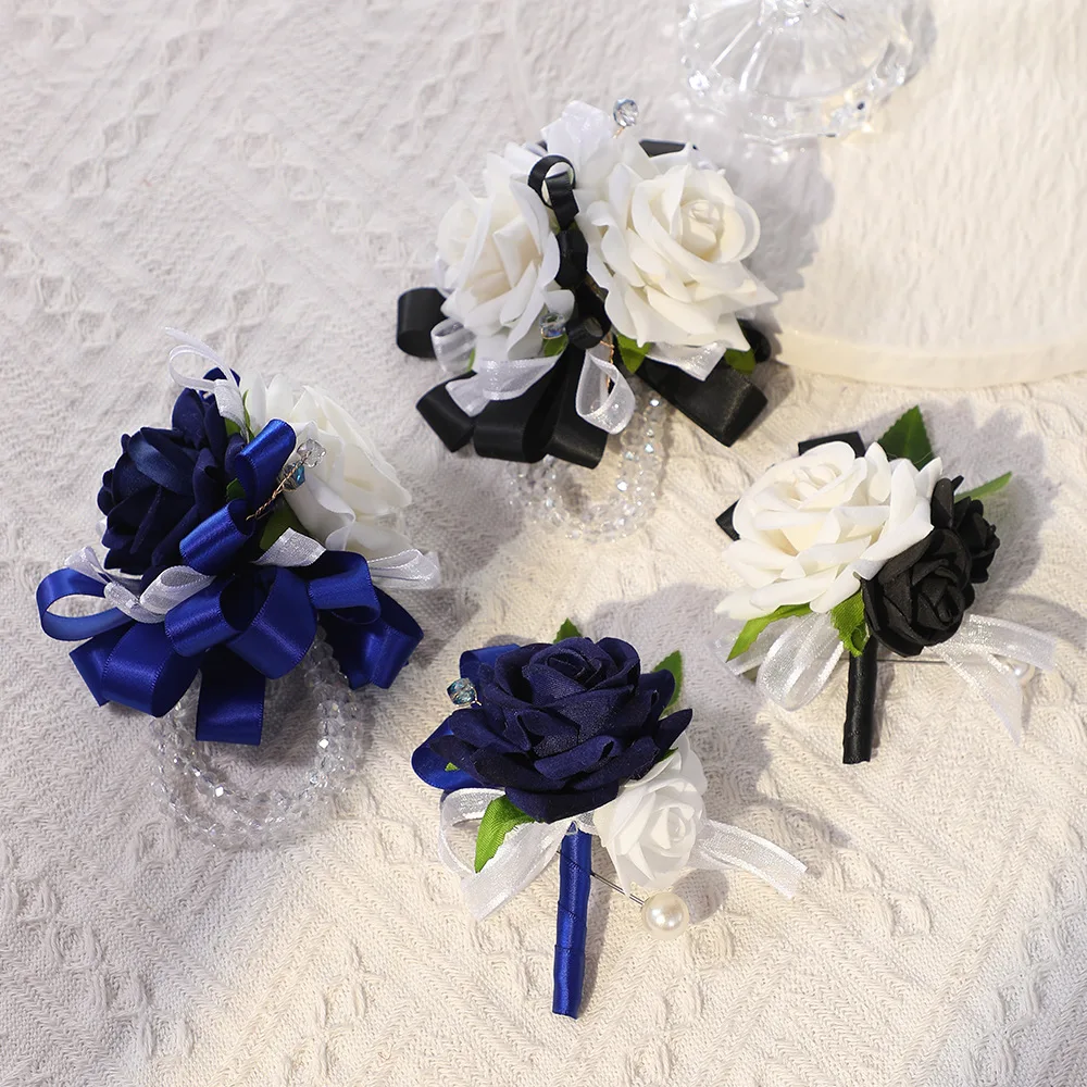

Elegant Dark Men Groom Boutonniere Artificial Flowers Women Wrist Corsage Buttonhole Groomsmen for Wedding