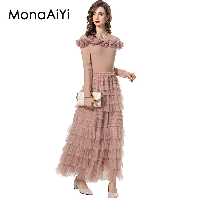 

MonaAiYi Fashion Summer Women's Slash Neck Long sleeved Tiered Ruffles Streetwear Solid color Mixi Dresses