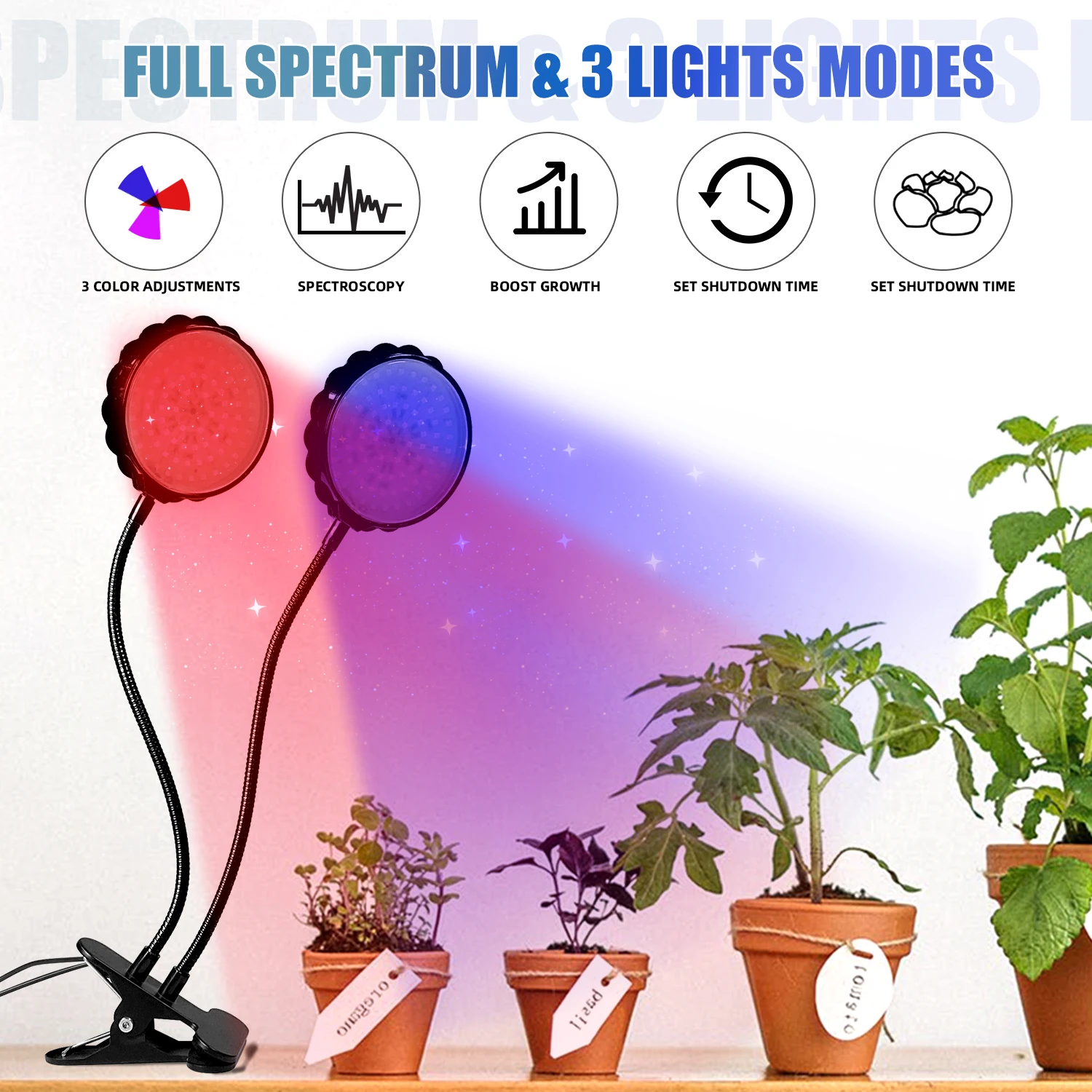 HoldPeak Dual Head 78 LED Clip Plant Grow Light 3 Spectrum 0-100% Dimmable Timer 3 9 12 Hour for Indoor Succulent Flower FCC
