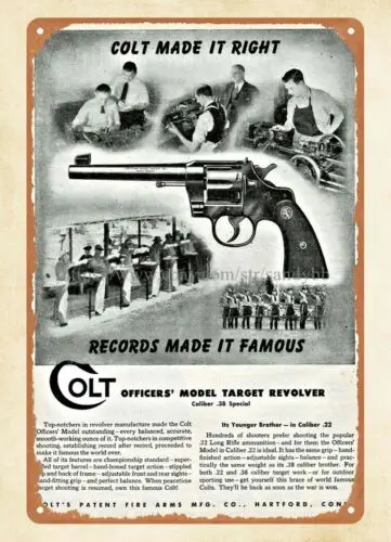 1945 firearm COLT Officers' Model Target Revolver gun ammo metal tin sign