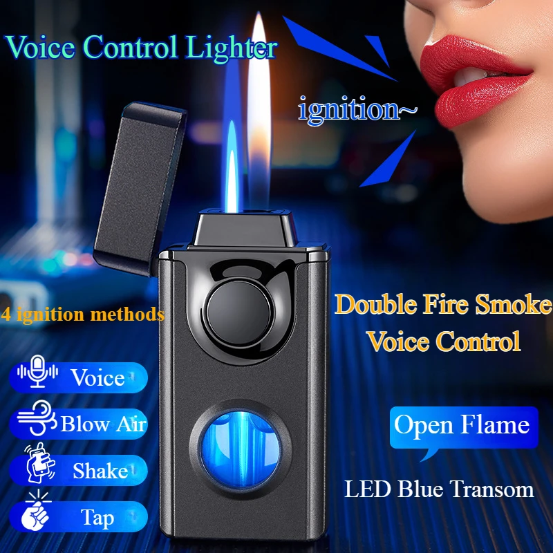 

Voice Controlled Dual Flame Blue Flame Lighter LED Light Transom Open Flame Sound/air Flow/Knock/Gravity/4 Ignition Method Metal