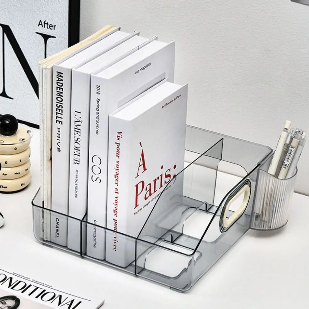 

Desktop Organizer Portable Handle Bookends Clear Display Divider Book Stand Save Space PET Stationery Storage Box Office