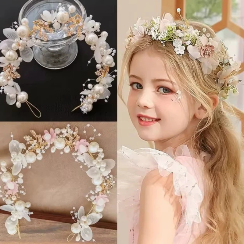 

Elegant Girls Headband Imitated Pearl Hair Headdress Baby Girls Flower Wreath Bride Garland Head Hoop Wedding Children Gifts