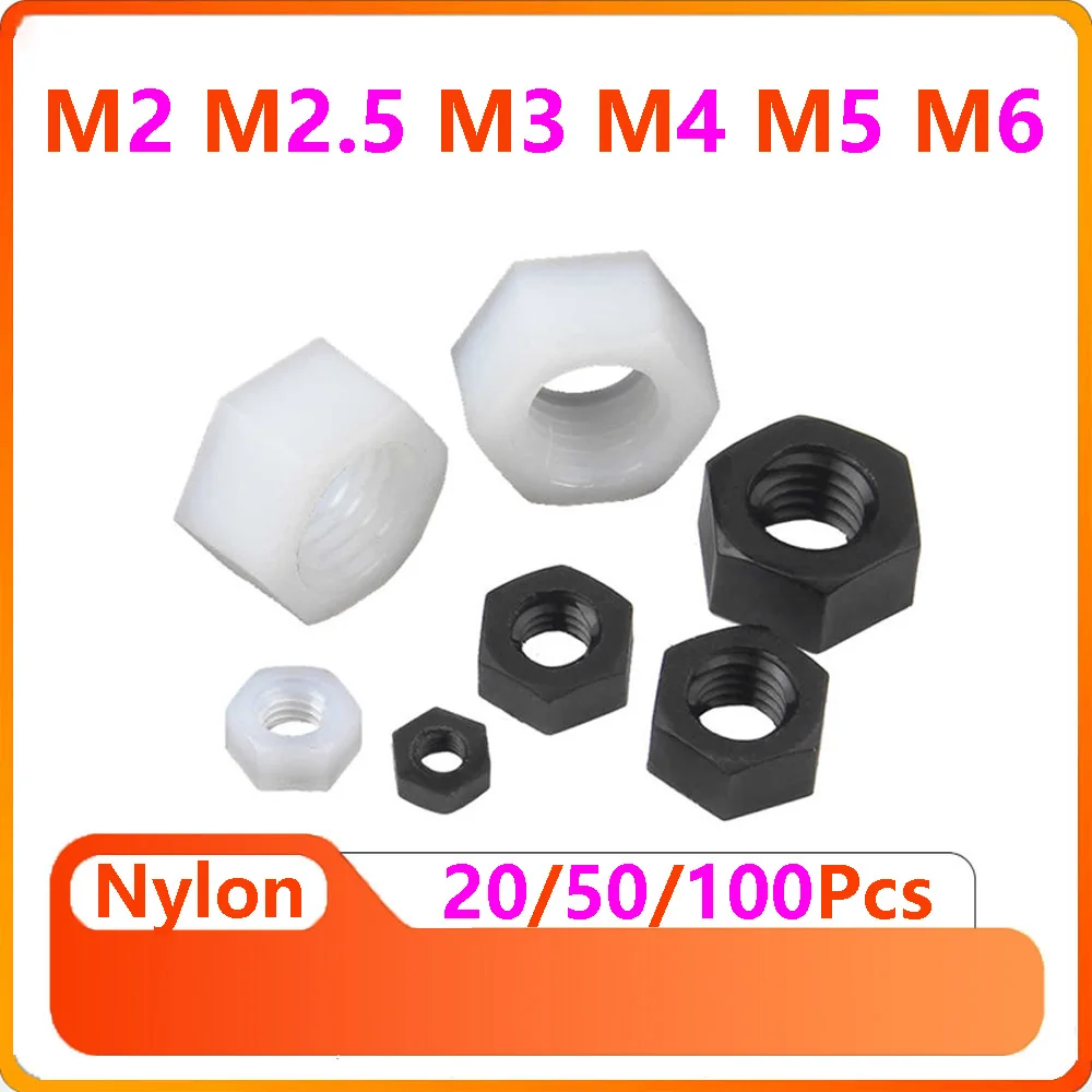 

20/50/100Pcs M2 M2.5 M3 M4 M5 M6 White Or Black Nylon Plastic Hexagon Nuts Metric Thread Hex Nuts