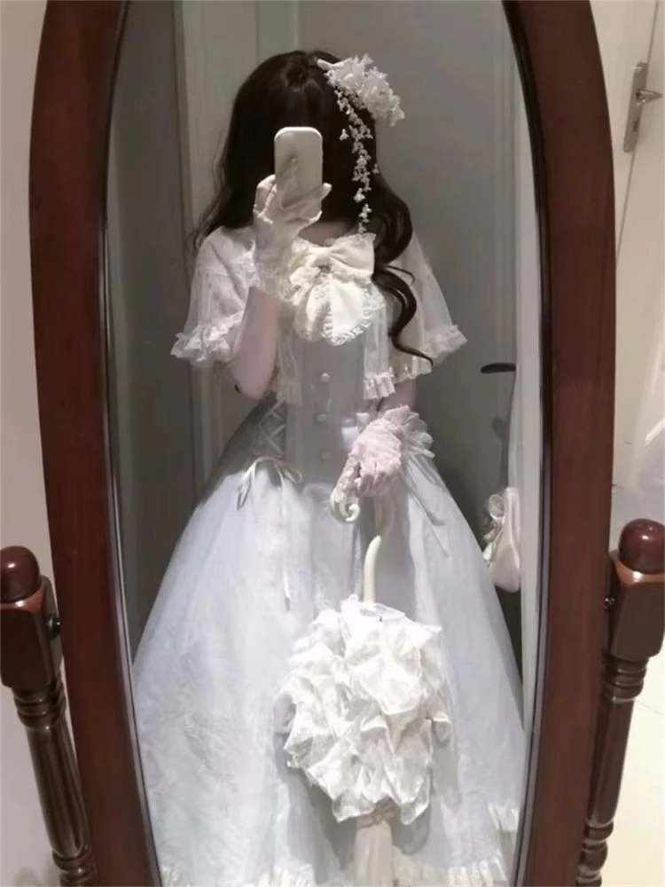 Mode Zoete Lolita Boog Blauwe Jurk Voor Vrouwen Zomer Slanke Taille Jurk Voor Vrouwen 2025 Nieuwe Korte Mouw Vestidos De Mujer