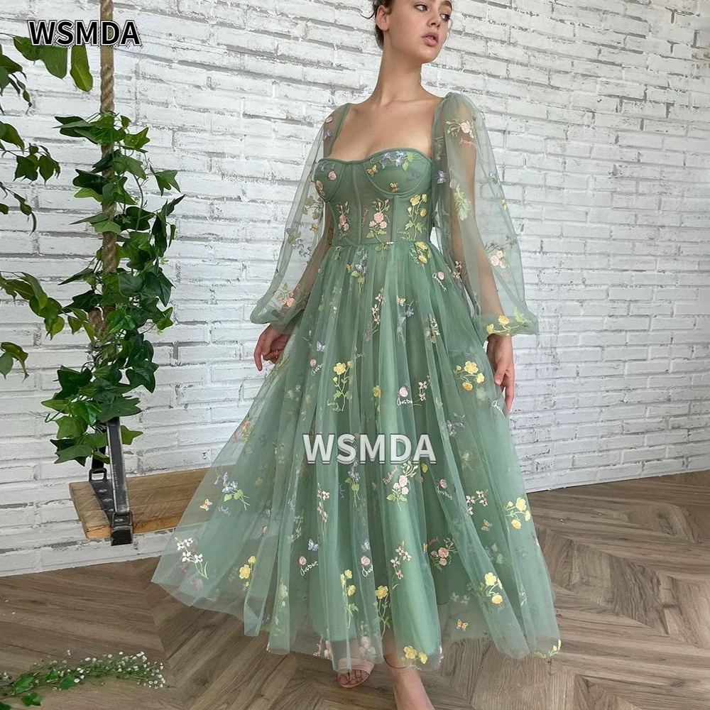 

Цветы Аппликации Пышные рукава Пром платья длиной до щиколотки Свадебные платья трапециевидной формы с открытой спиной Вечерние платья из тюля