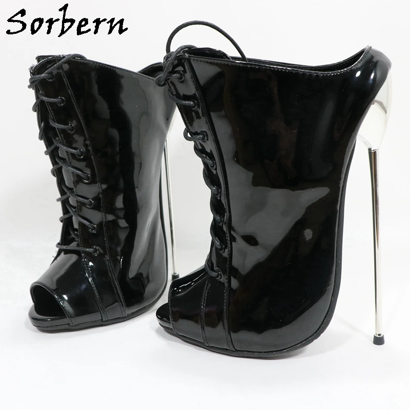 Sorbern Black Glossy Women Pump Mules Peep Toe 20Cm Metal High Heels Slip On Summer Shoes Lace Up Fetish Pump Shoes