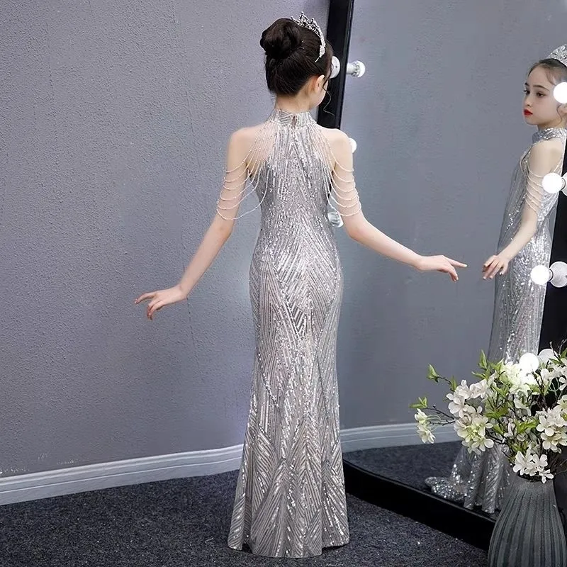 2Colors Girls' Sleeveless Evening Dress Children's Light Luxury Piano Performance Dress Creative Kids' Birthday Dress LJ674