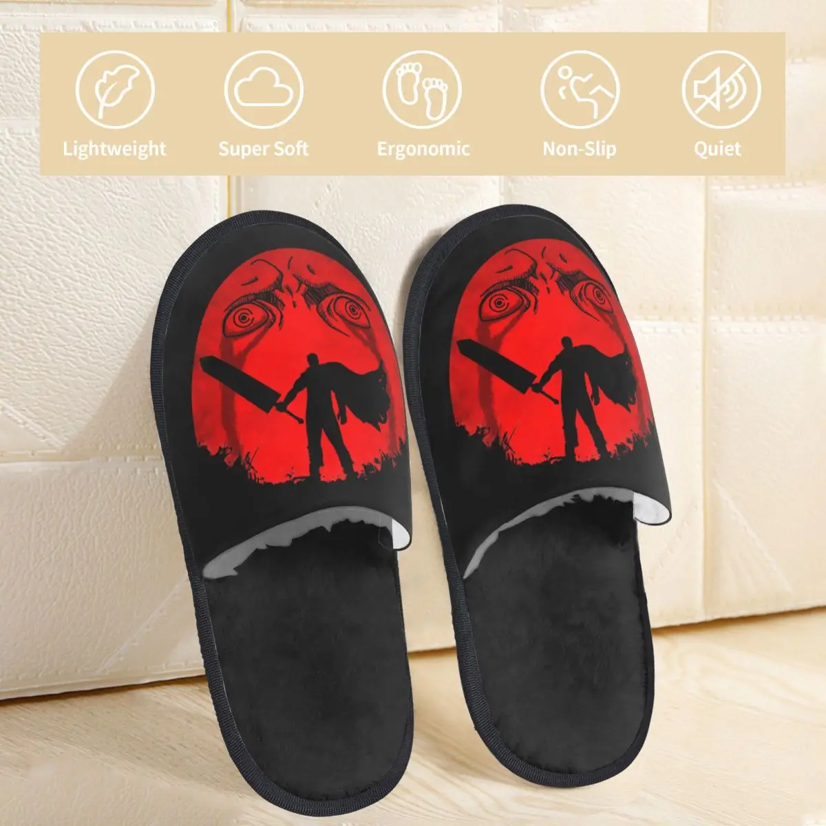 Espadachim preto sob uma lua vermelha berserk casa chinelos de algodão quarto aconchegante casa pele slides chinelos anti-skid