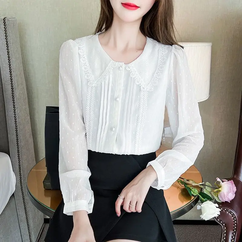 Spring and Summer New Elegant Temperament Women\'s Clothing Spliced Button Ruffle Edge Doll Neck Long Sleeve Solid Color Shirt