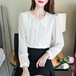 Spring and Summer New Elegant Temperament Women's Clothing Spliced Button Ruffle Edge Doll Neck Long Sleeve Solid Color Shirt