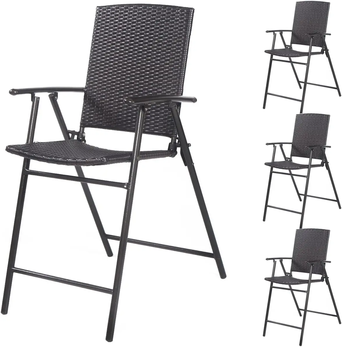 

A set of 4 foldable rattan bar chairs, terrace high stools with backrests, steel frames, armrests, and footrest bar chairs