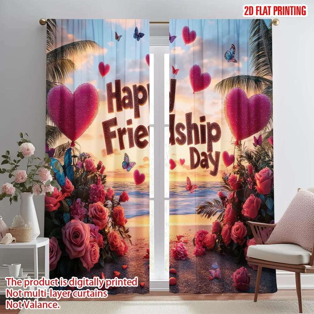 

2D flat printing 2pcs Curtain Friendship Day Hearts Roses Digital Printed Polyester Drapes Party Decorations Perfect for Door