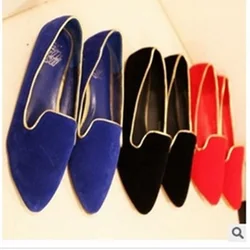 Lady Bordered Retro Flock Plain Big Sizes 48 Pointy Toe No Heels Women Single Shoes Western Fashion Summer Style Black Red Blue