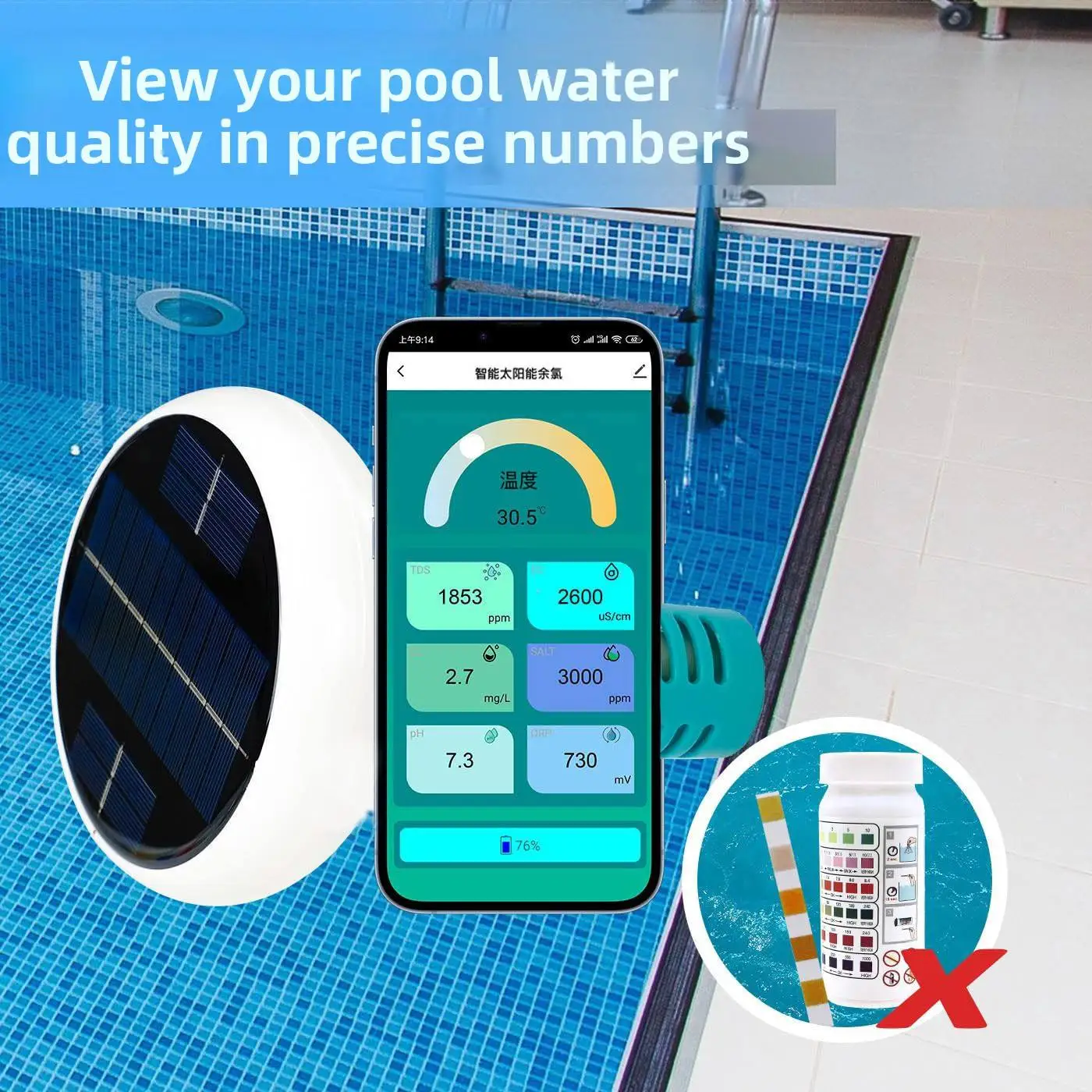 Bluetooth APP Chlorine PH Testing Tool with alarm, for commercial & SPA Swimming Pool regular water inspection