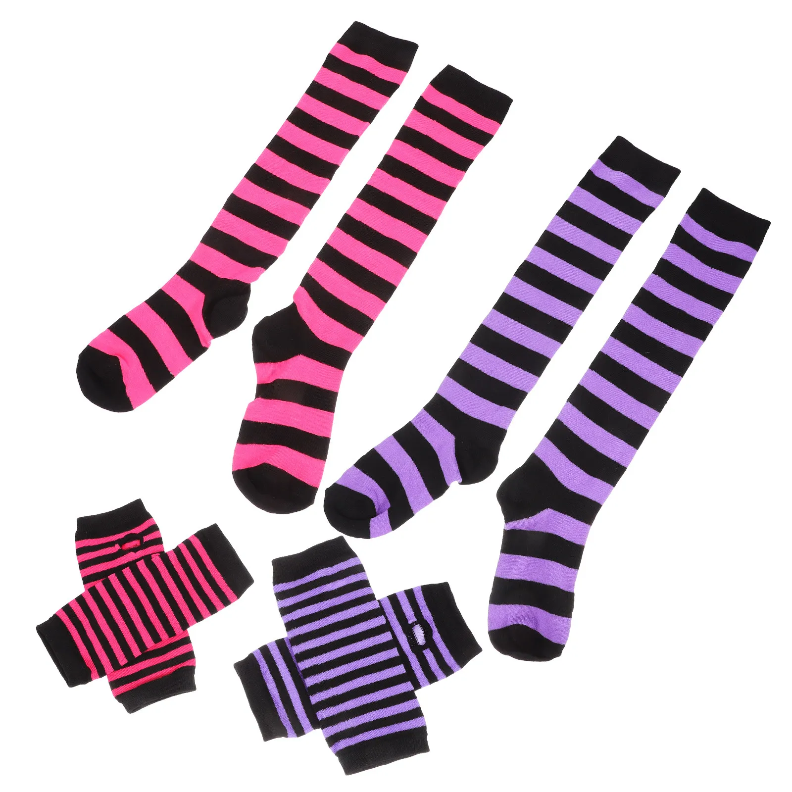 

2Sets Knitted Striped Gloves and Socks Set for Girls Long Arm Warmers Fingerless Mittens Polyester Winter Warm Cosplay Dress Up