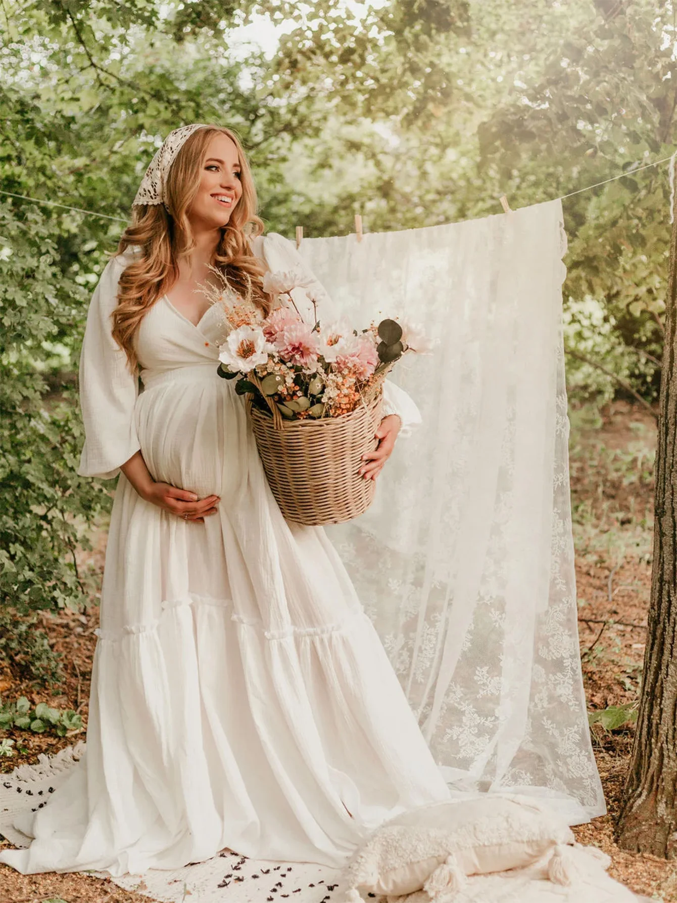 

Maternity Photoshoot Outfit V-Neck Long-Sleeved Sexy Wrap Top Side-Slit Long Skirt Set Pregnant Woman For Baby Shower