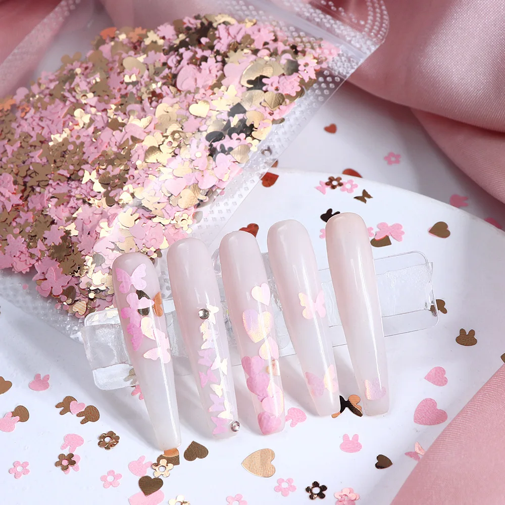 Figuras de Unhas para o Dia dos Namorados, Glitter, Lantejoulas, Decoração Rosa e Dourada, Corações, Borboletas, Cerejas, Peças para DIY, Enchimento e Criação de Artesanato, Charme