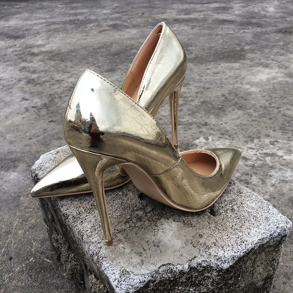 Tikicup المرأة مثير الذهب والفضة 12 سنتيمتر المتطرفة عالية الكعب الخناجر أحذية السيدات أشار تو الزفاف الزفاف الضحلة مضخات Size45 46 #5