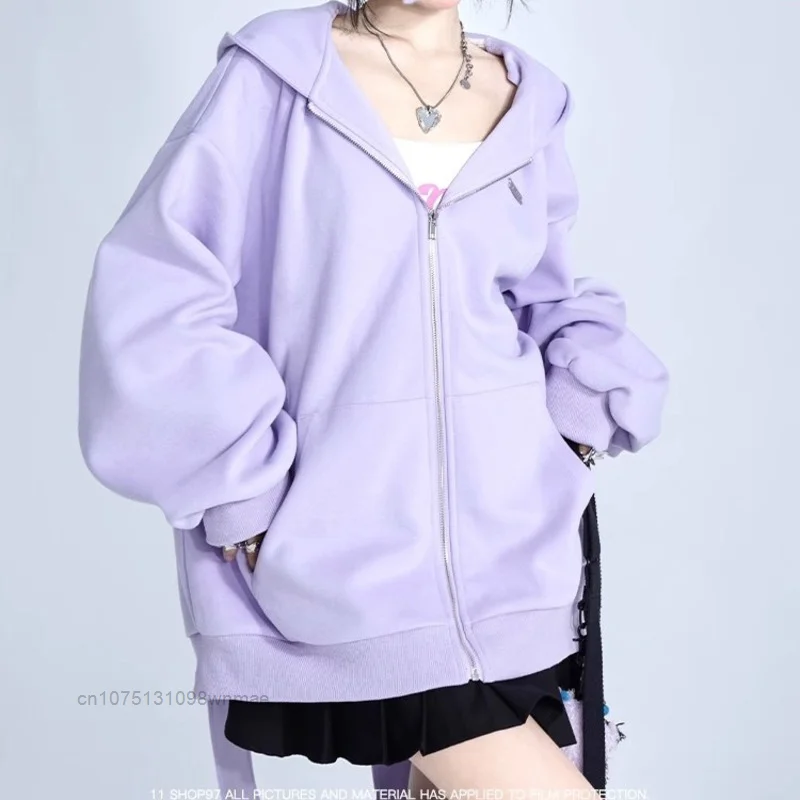 Trendy Purple Rabbit Girl Ear Hooded Sweater with Long Ears for Women Oversize Hoodie Loose Zipper Cardigan Coat Clothes