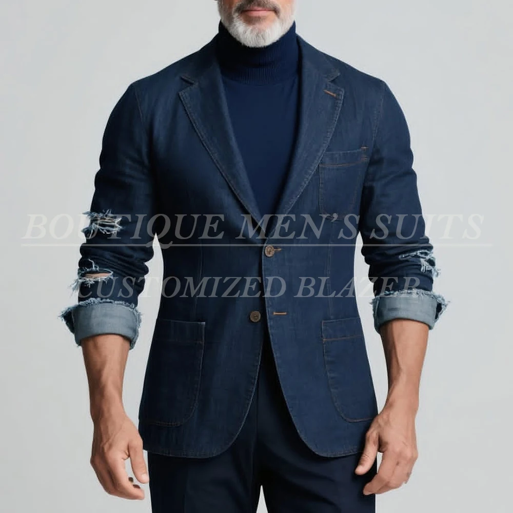 

Повседневные джинсовые мужские костюмы, модные однобортные облегающие костюмы с лацканами, комплекты из двух предметов, куртка и брюки, индивидуальный мужской костюм