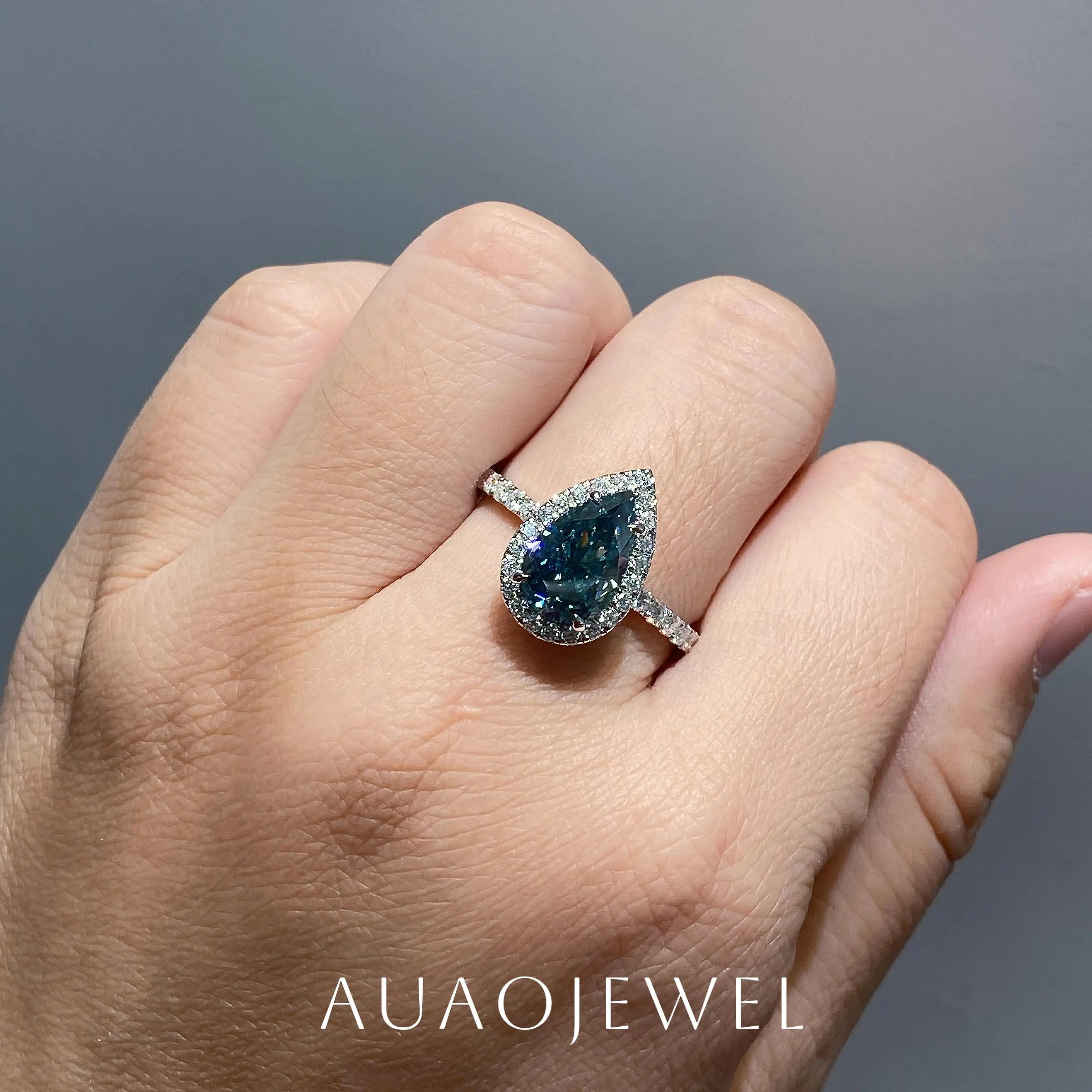 

AUAOJEWEL 3.5 Carat Moissanite Ring 12x7.5mm Natural Blue Green Color Pear Crushed Ice Cut for Woman Engagement with GRA