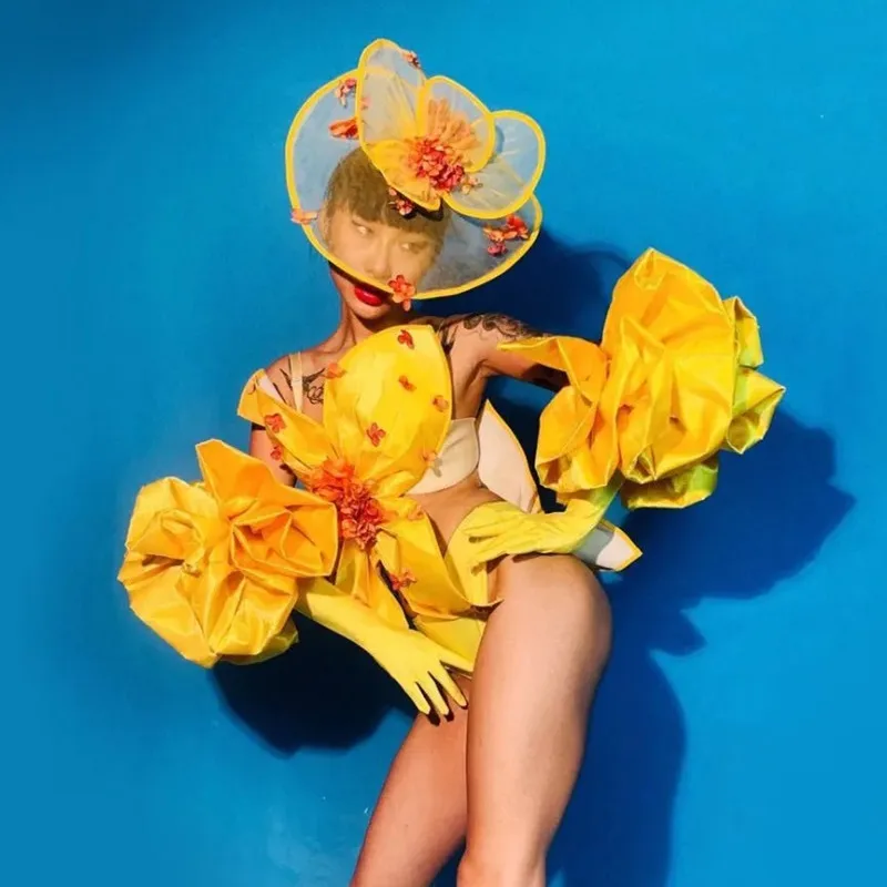 Klub nocny Bar Wiodący taniec Seksowny Żółty Kwiat Bikini Rękawiczki Strój do występów Festiwal Impreza Pokaz Kostium Drag Queen