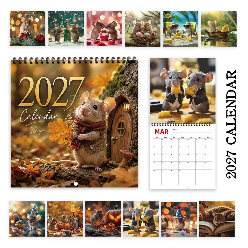 1pc 2027 Healing Forest Mouse Wall Calendar,12‑Month Planner,Gift For Back‑to‑School,Christmas,New Year,Free Stickers Included