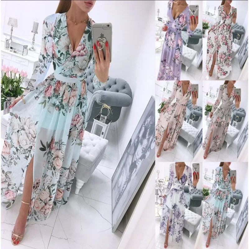 

2025 New Summer Long-sleeved V-neck Chiffon Printed Bohemian Dress for Women