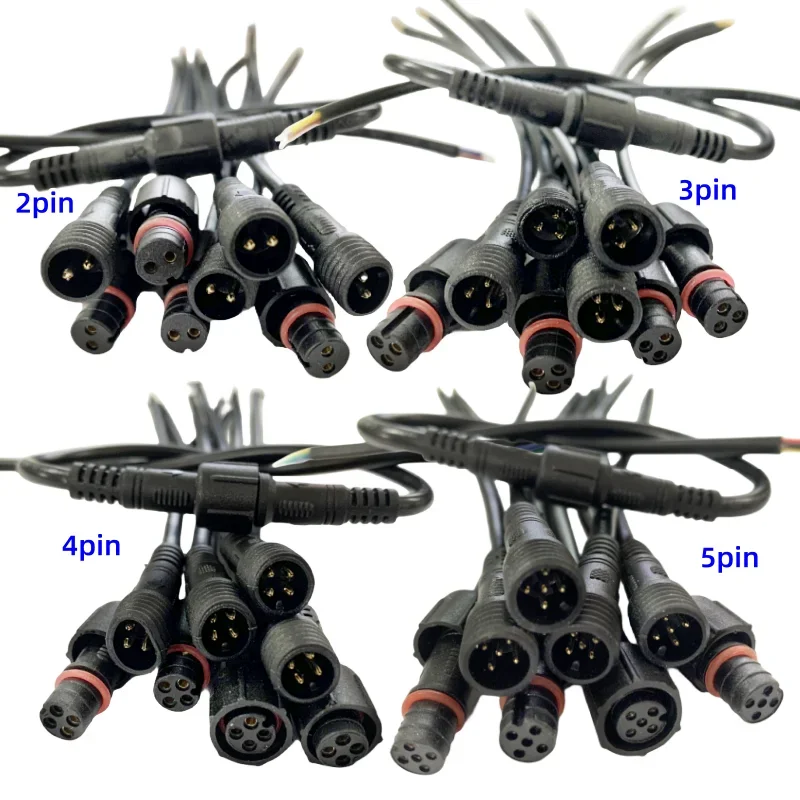 ストリップライト用防水LEDコネクタ、黒ケーブル、ジャック、オスからメス、2ピン、3ピン、4ピン、5ピン、20cm、ip68、22awg、5ペア、10ペア、20ペア