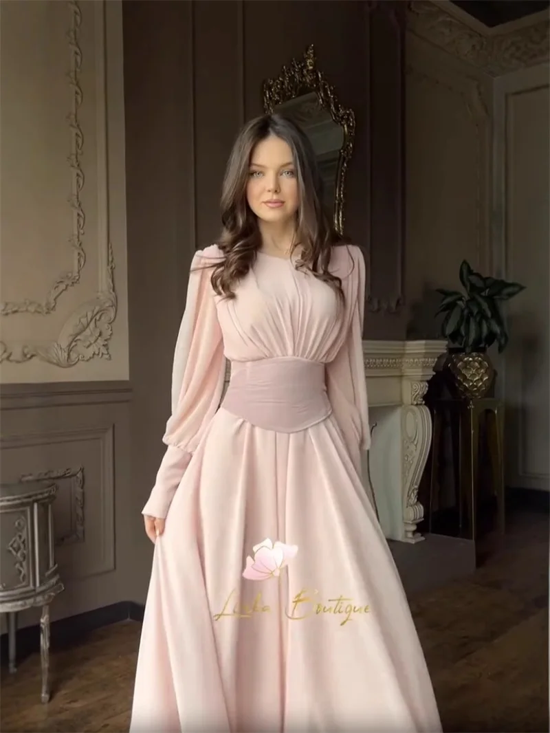 

Saudi Arabia Pink Women Prom Dress With Waistband Elegant Full Sleeves Autumn Formal Wedding Pageant Robes Party Evening Gown
