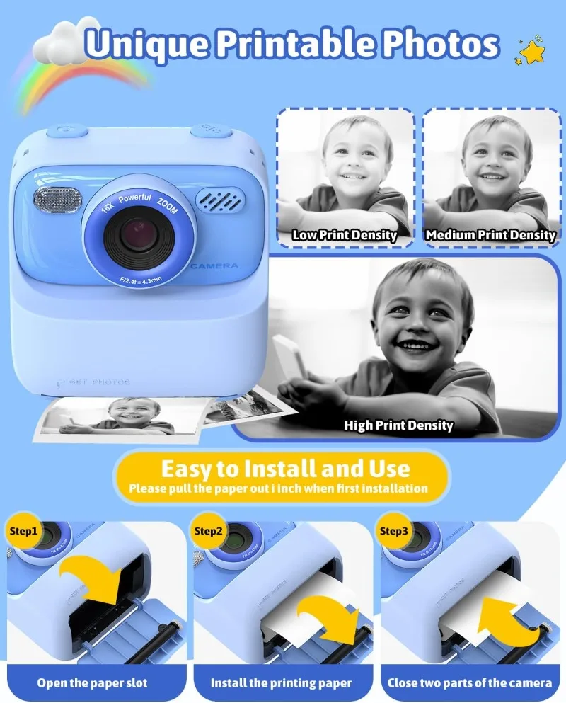 Câmera infantil com impressão instantânea, câmera digital infantil, brinquedos, presente com vídeo HD para meninas e meninos de 3 a 12 anos