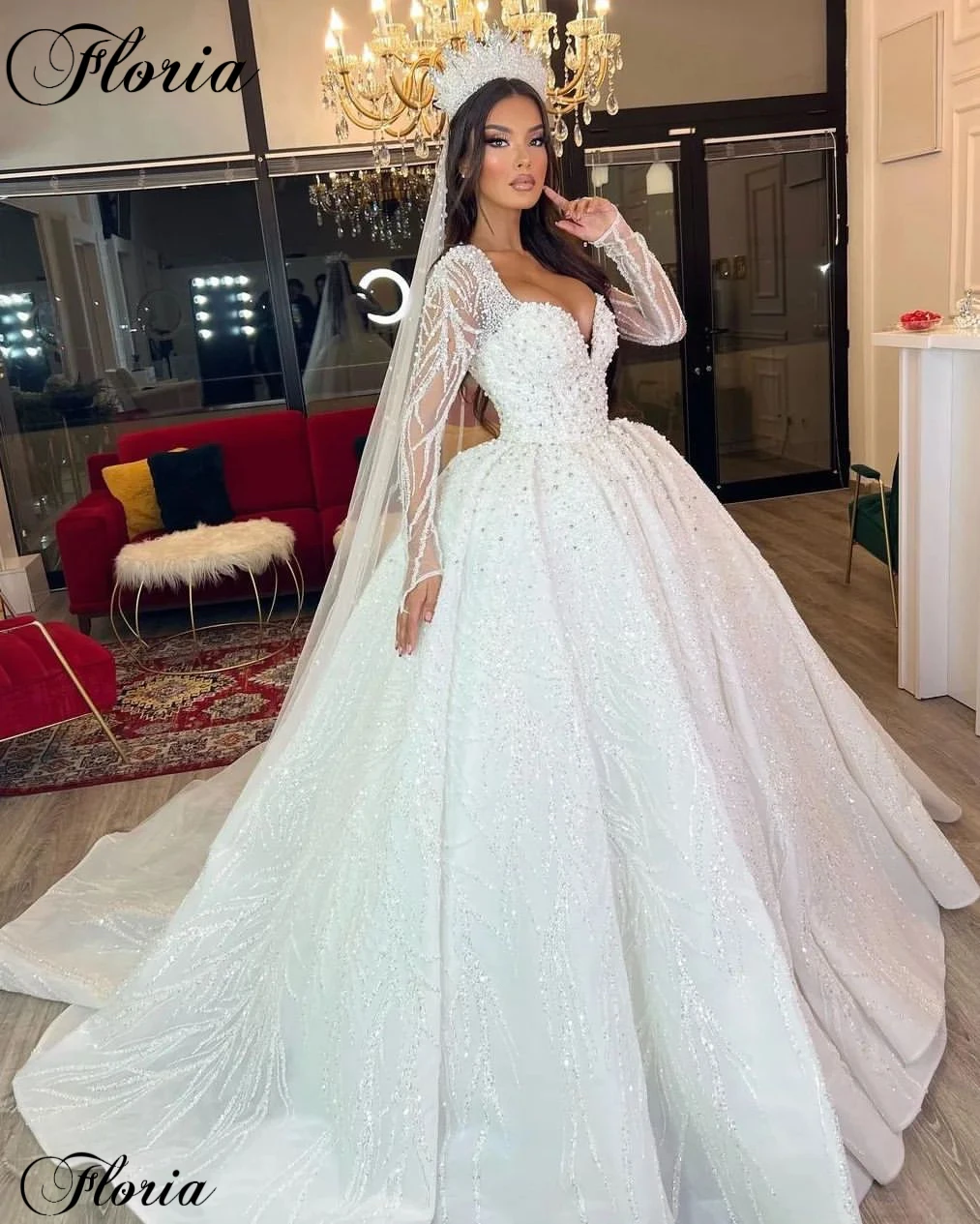 Elegant Princess Wedding Dresses With Full Sleeves Sweetheart Chapel Wedding Gowns Luxury Pearls Brides Dresses Vestido Blanco