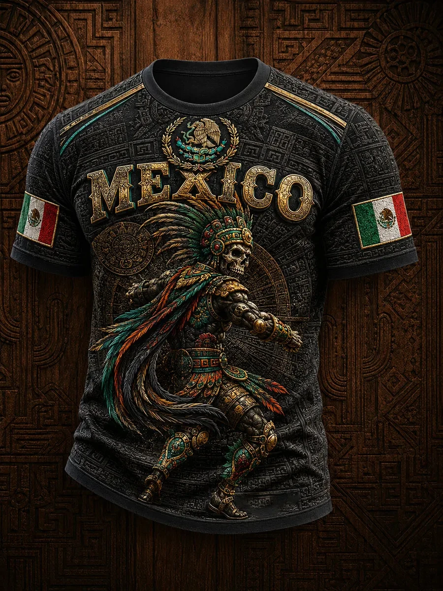 Mexikanischer Stil Azteken-Grafik Fußballtrikot T-Shirt für Männer und Frauen 3D-Druck Sport-Oberteil Kurzarm Lässige Outdoor-Sommerkleidung – Detail 3