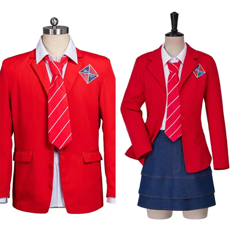 Rebelde uniforme escolar para estudantes, jaqueta cor vermelha, camisa e saia, trajes de Halloween, festa de carnaval