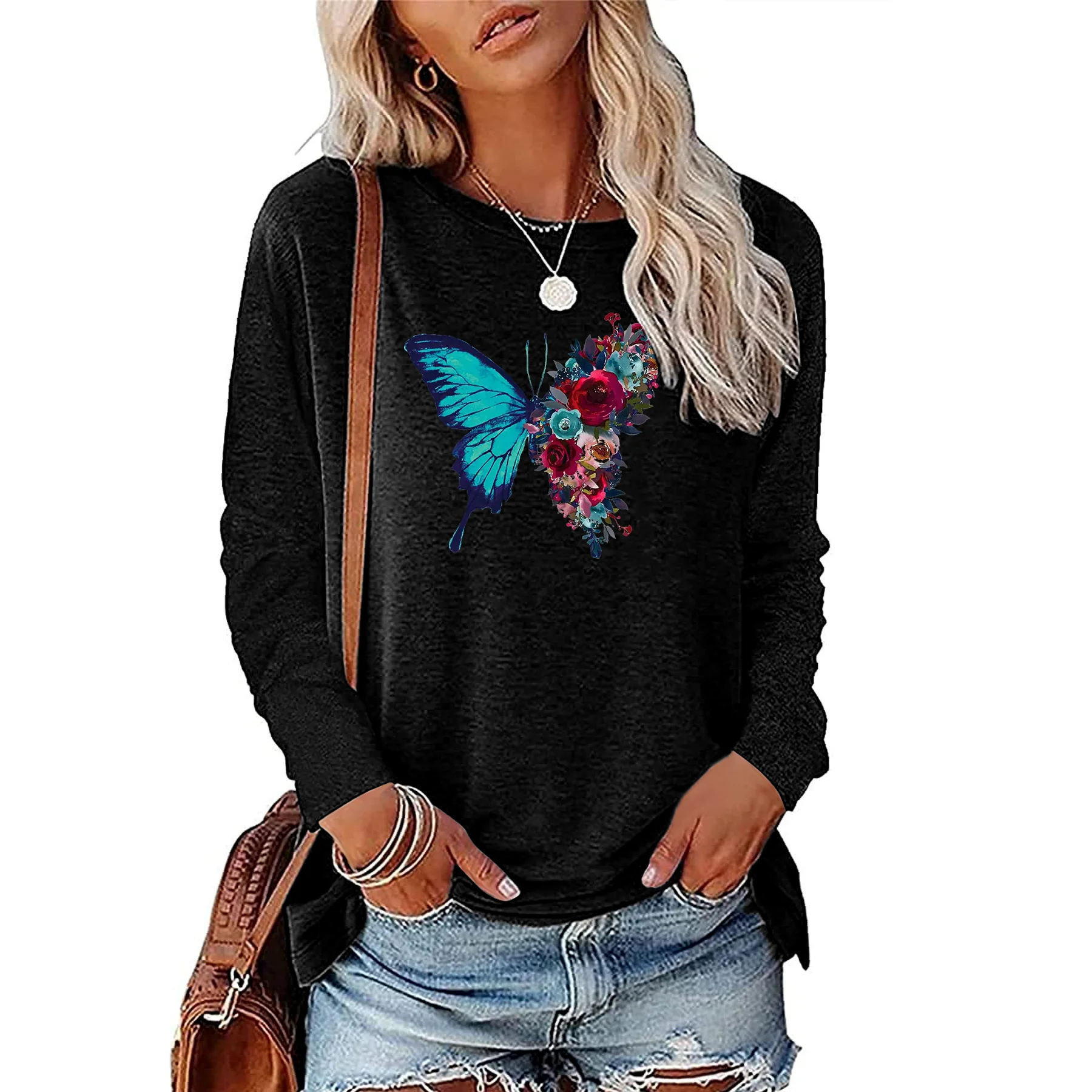 Retro beautiful half butterfly half rose printed women\'s long sleeved T-shirt