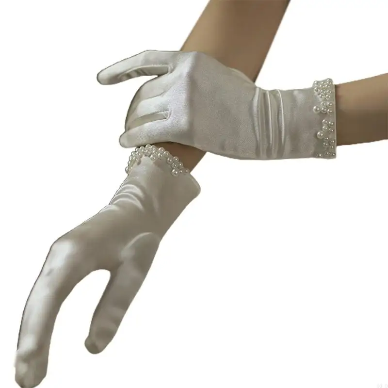 D0UD Wedding Bridal Vintage Short Gloves Imitation Pearl Beaded Princess Prom Wrist Length Elastic Full Finger Mittens