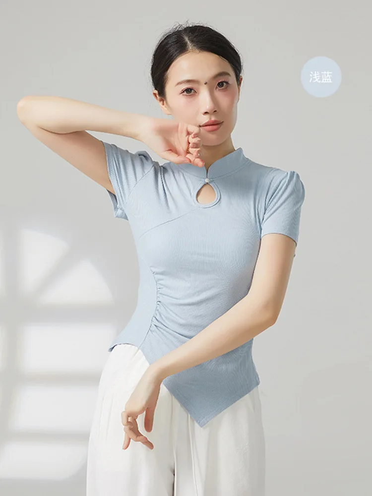 الرقص الترفيهي 2025 الصيف فستان رقص كلاسيكي جديد الصينية تي شيرت الوقوف طوق الجوف أعلى غير المتماثلة قصيرة الأكمام