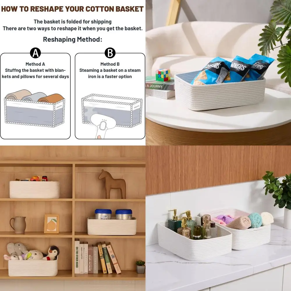 

Set of 4 White Rope Woven Large Shallow Baskets, 15x11x5.1 Inches, for Storage and Organization