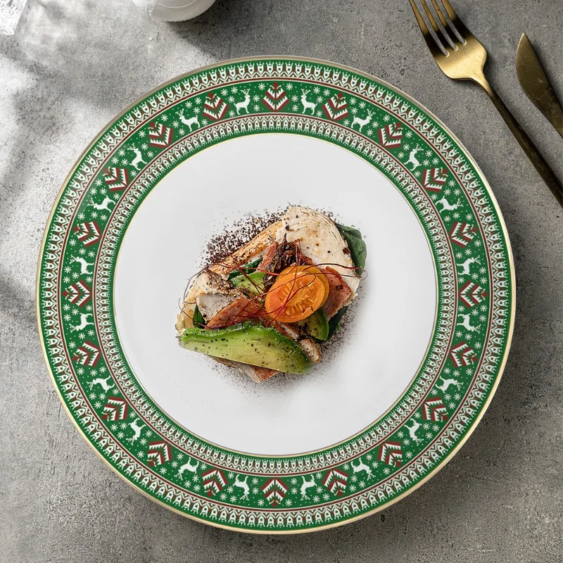 Christmas atmosphere red and green bone china tableware set home hotel food plate Western steak plate Christmas decoration