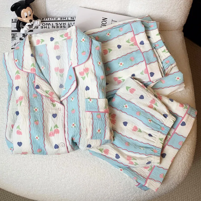 New Three-Piece Set of Women\'s Short-Sleeved Pajamas Homewear Set Girls Cloud Cotton New Pajamas Simple Wind Pajamas Homewear