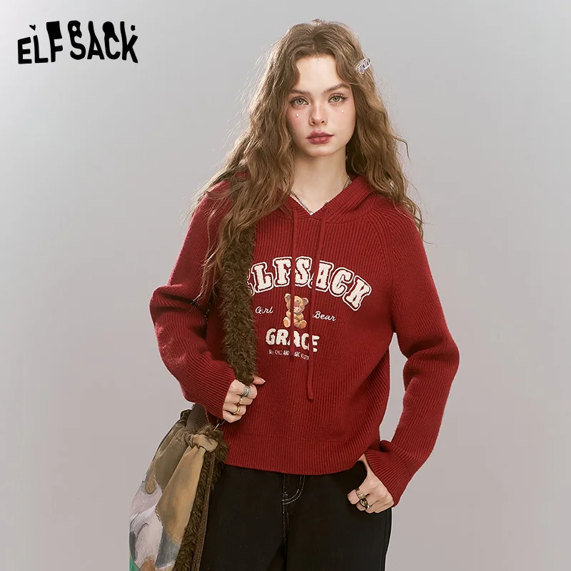 

ELFSACK 2024 Winter New Arrivals hooded knitted pullover for women preppy style interior top