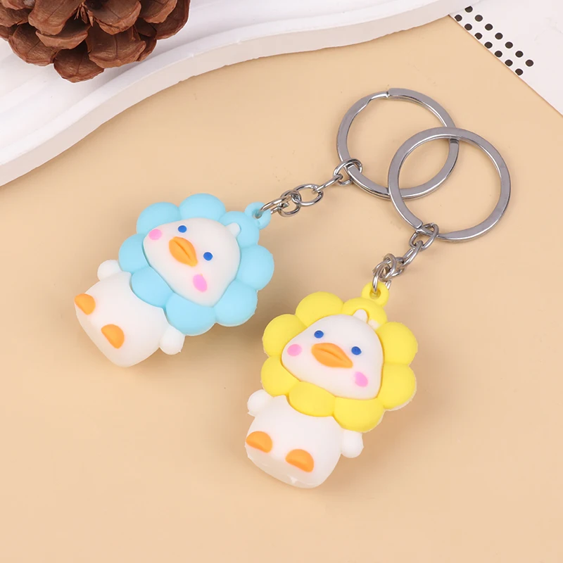 Cartoon PVC Upset Duck Keychain Pendant Decoration Car Bag Sunflower Duck Doll Keyring Pendant Small Gift For Children