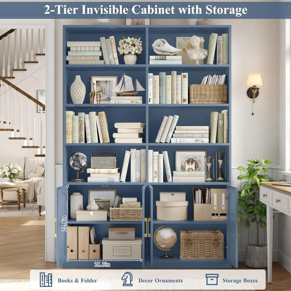 Bookshelf and Bookcase with Doors, 6 Tier Double Wide Large Bookshelves, Open Display Shelves, 73'' Tall Bookshelf with Storage