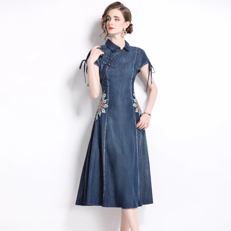 Chinese Style Vintage Summer Lapel Neck Thin Soft Denim Midi Dress Retro Women Lace Up Short Sleeve Embroidery Flowers Clothes